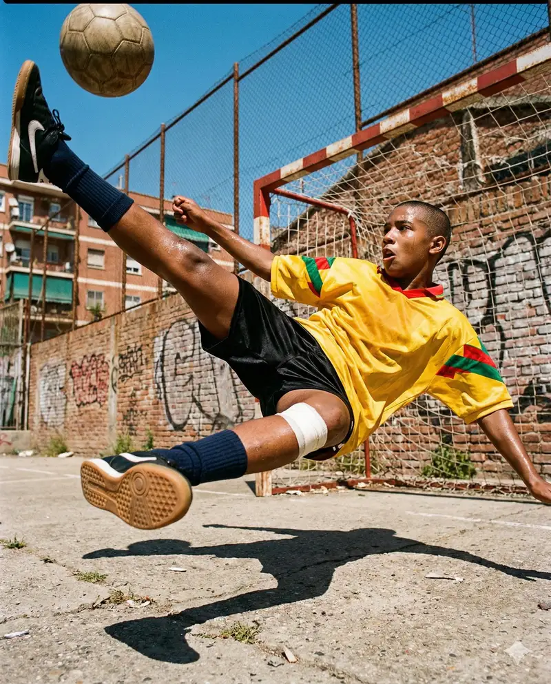 پیش‌نمایش Hyper-Realistic Urban Soccer Bicycle Kick Action Shot