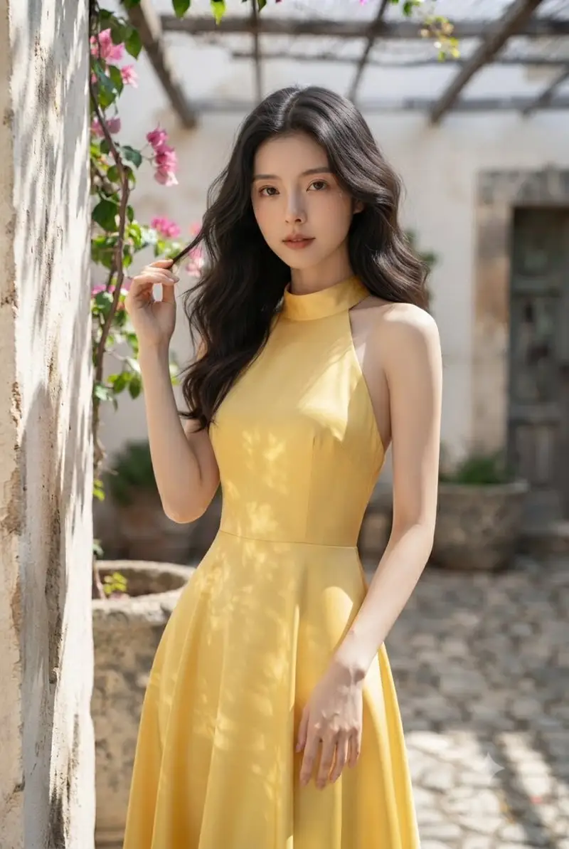 Preview of Elegant Woman in Mediterranean Courtyard