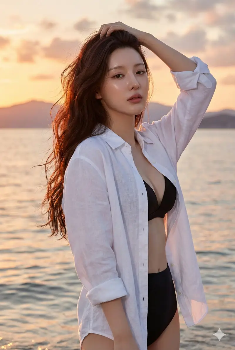 Preview of East Asian Woman Beach Portrait at Sunset