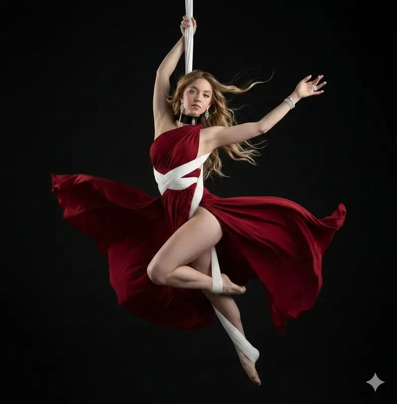 Preview of Dramatic Aerial Silk Artist in Red Dress