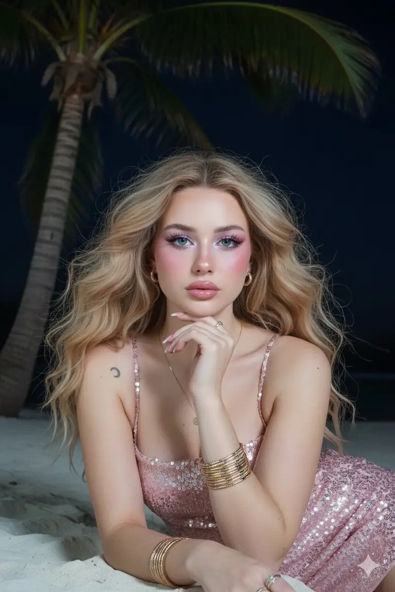 Preview of Barbie Style Tropical Night Portrait Prompt