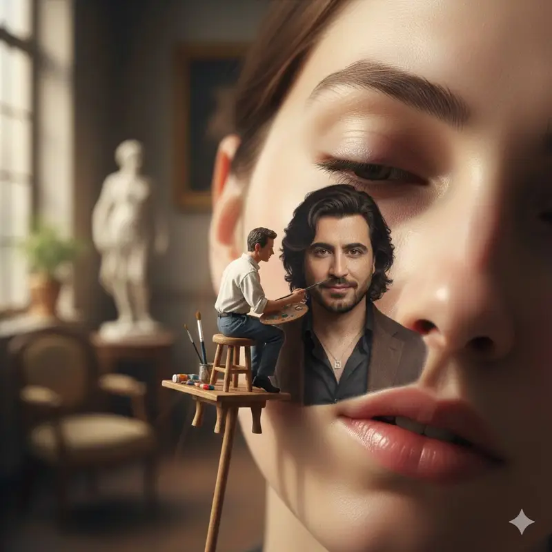 پیش‌نمایش Miniature Artist Painting on a Giant Face Prompt