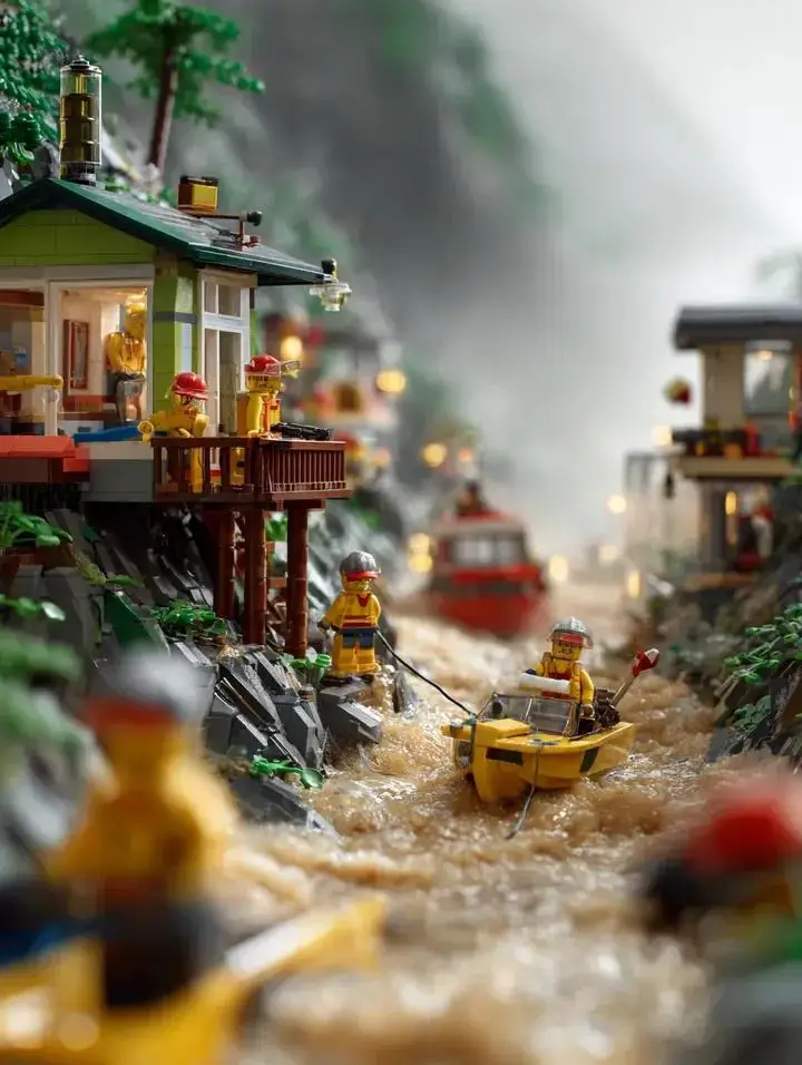 Preview of LEGO Mountain Flood Rescue Scene Prompt