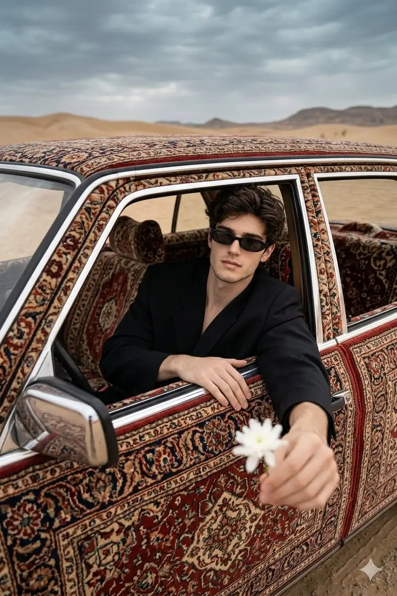 Preview of Carpet-Covered Vintage Car Fashion Shoot
