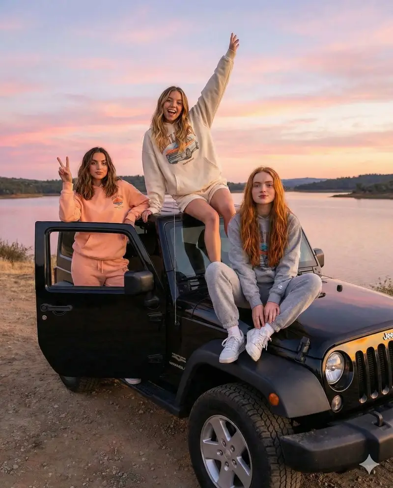 Preview of Road Trip Aesthetic with Three Subjects and Jeep