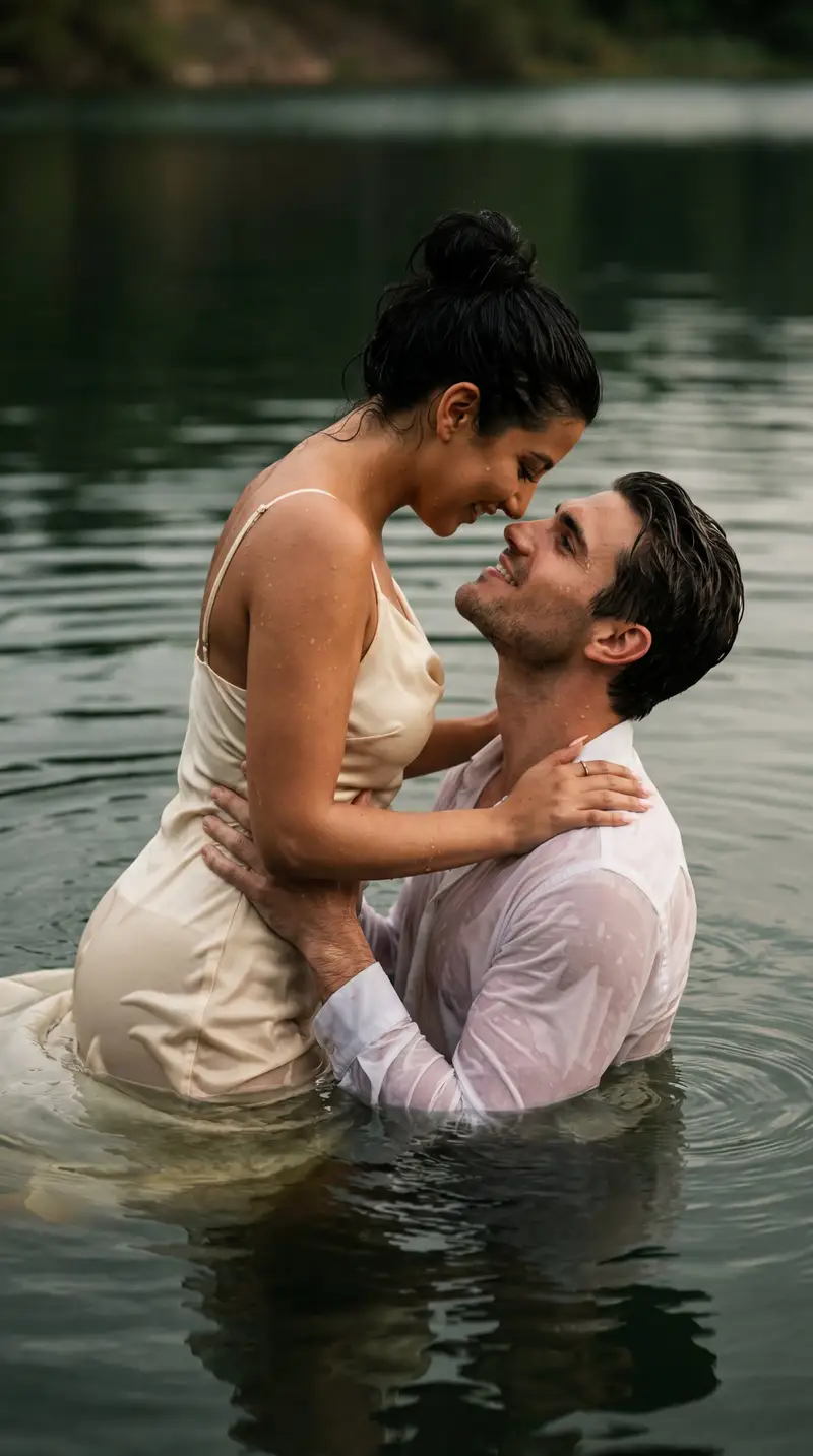 Preview of Cinematic Couple Embrace in Lake Water