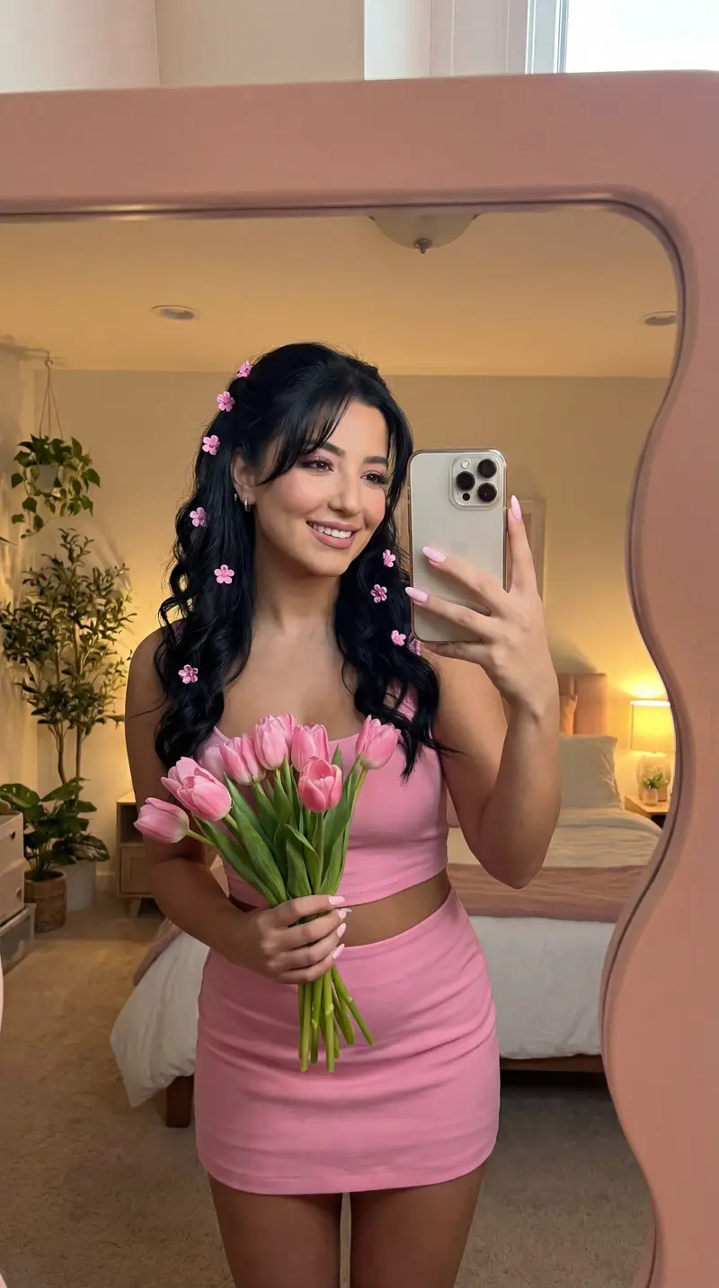 Preview of Coquette Mirror Selfie with Pink Flowers and Identity Lock