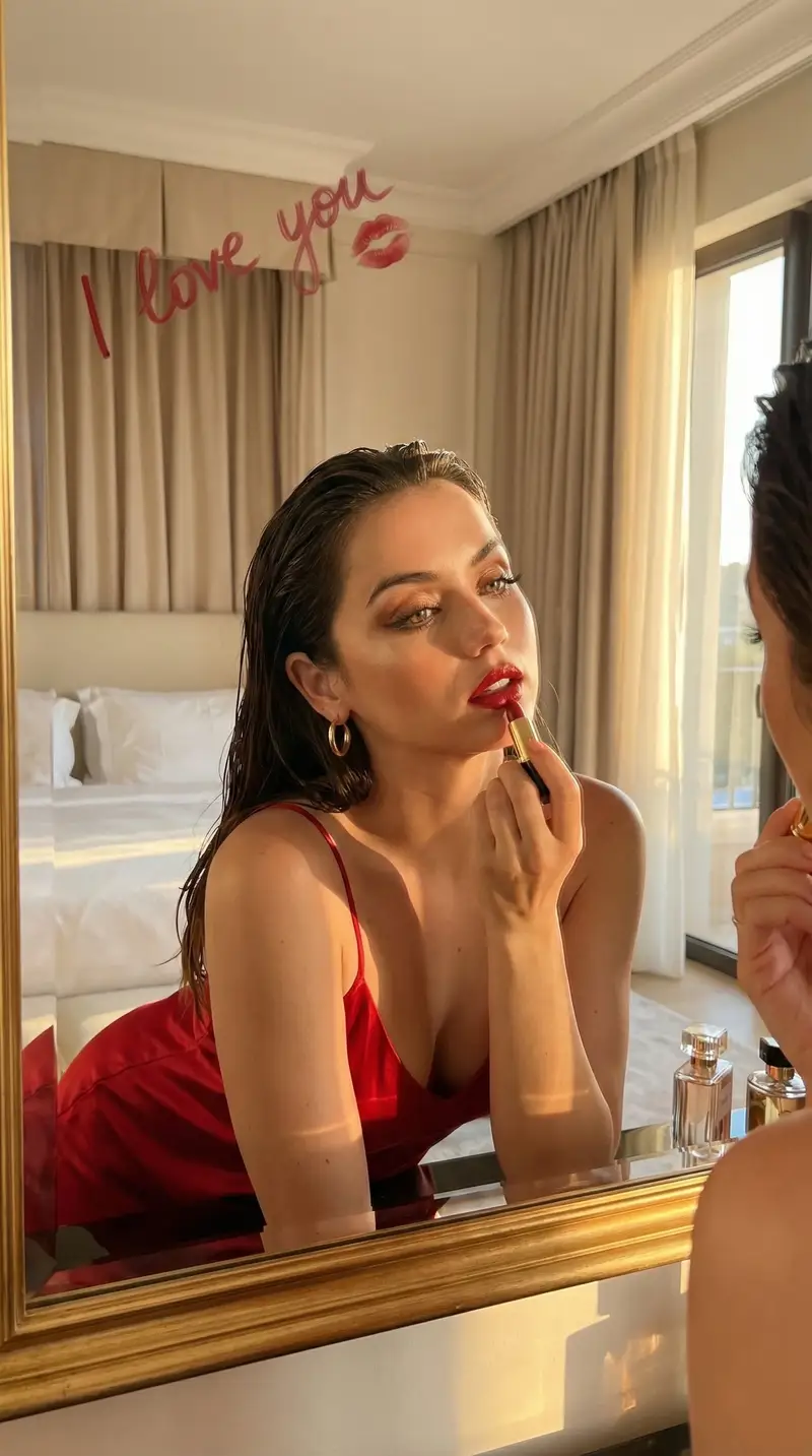 پیش‌نمایش Cinematic Portrait Prompt: Applying Red Lipstick