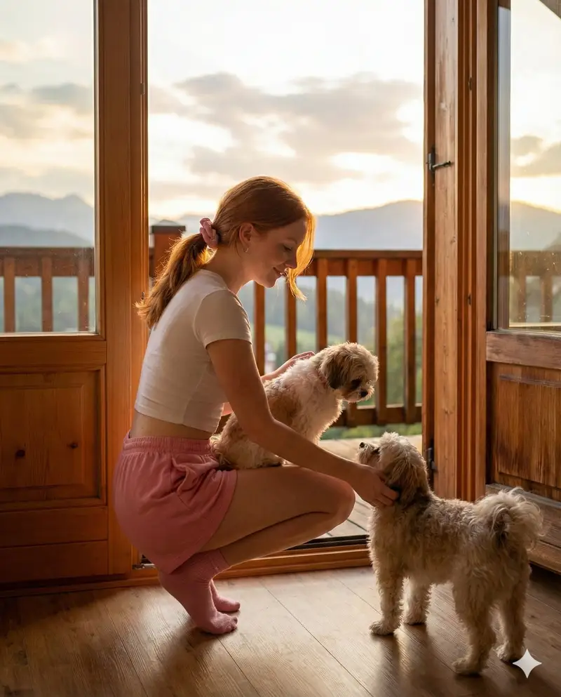 پیش‌نمایش Golden Hour Cabin Portrait with Puppies Prompt