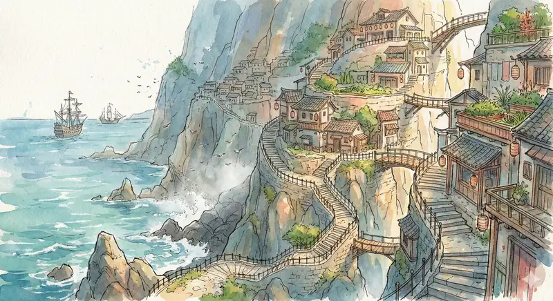پیش‌نمایش Watercolor Cliffside Village Illustration