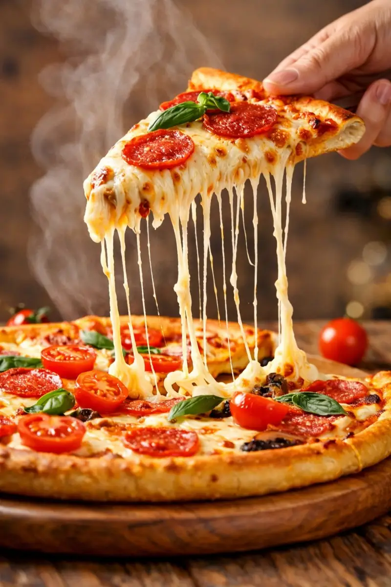 پیش‌نمایش Hyper-realistic close-up of a pepperoni pizza slice with dramatic cheese pull