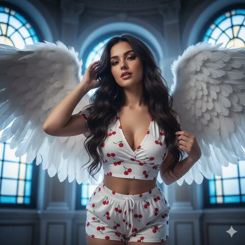 Preview of Flirtatious angel warrior portrait with low-angle framing