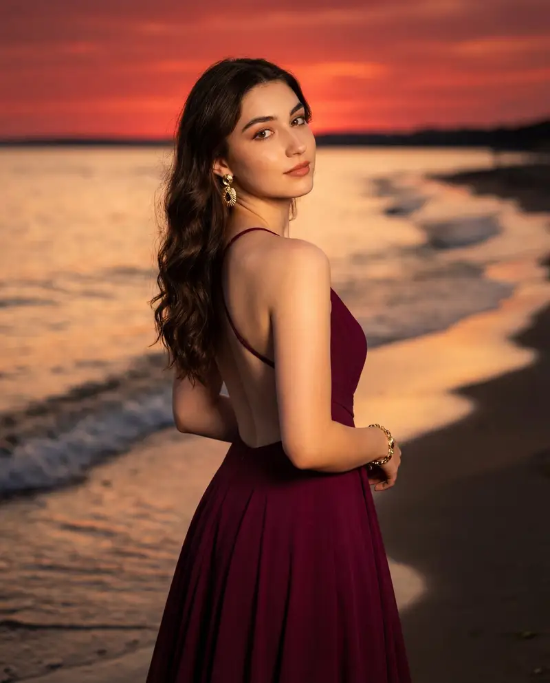 پیش‌نمایش Photorealistic Portrait of a Woman in an Evening Dress at Sunset Beach