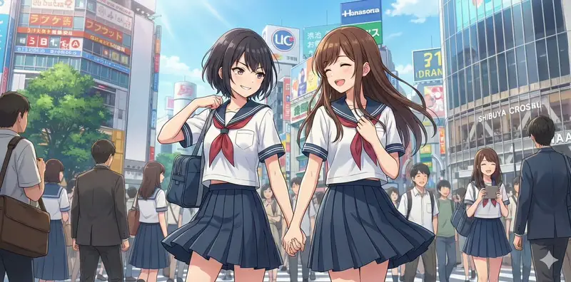 Preview of NanoBananaPro Image Generation Prompt: Two High School Girls in Shibuya