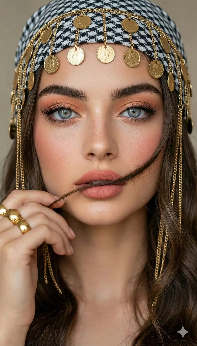 پیش‌نمایش Close-up Portrait with Headscarf and Jewelry Prompt (Image Reference)