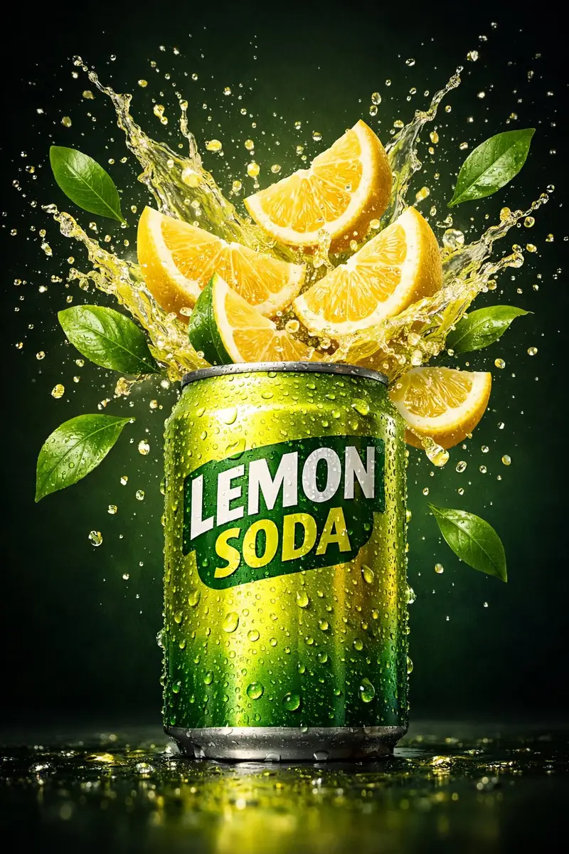 Preview of Hyper-realistic commercial product shot of a lemon soda can