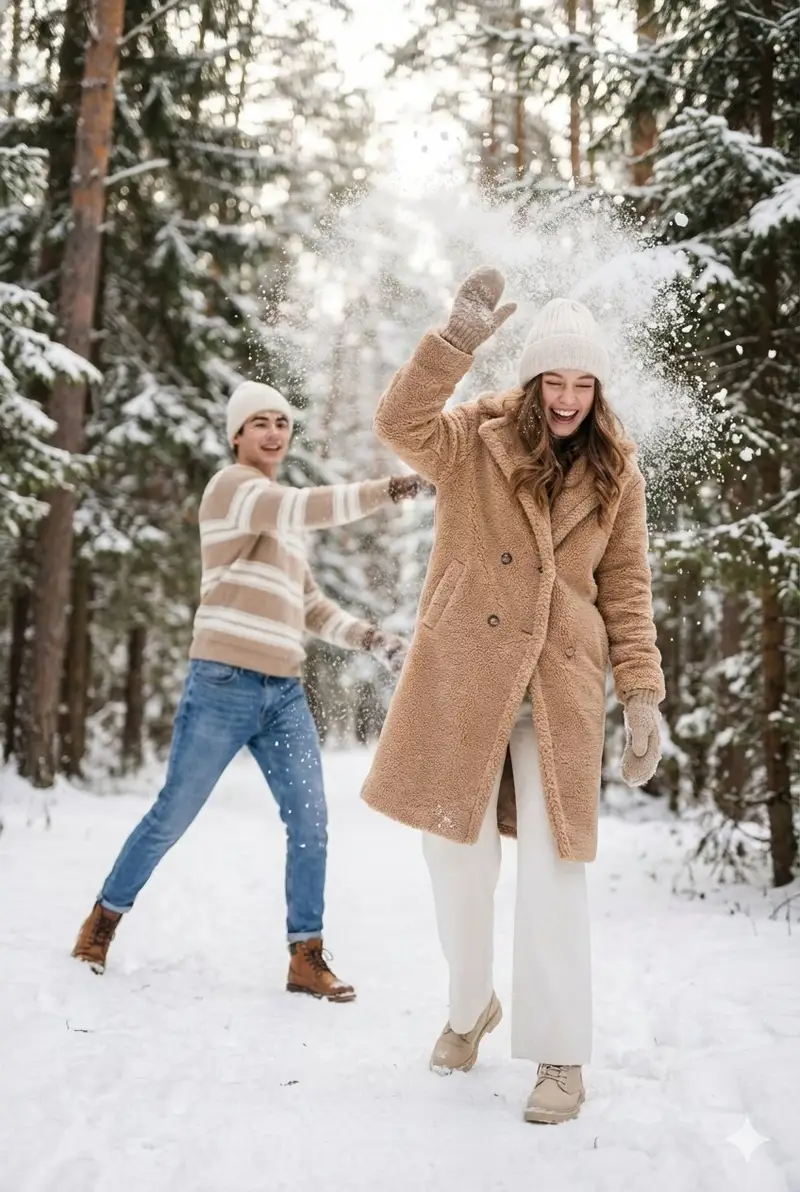 Preview of Cinematic Winter Scene Prompt of Couple Throwing Snow