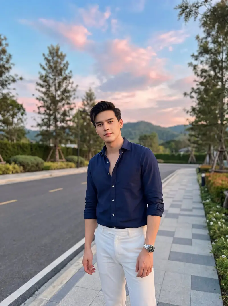 Preview of Stylish Man on Sidewalk at Sunset