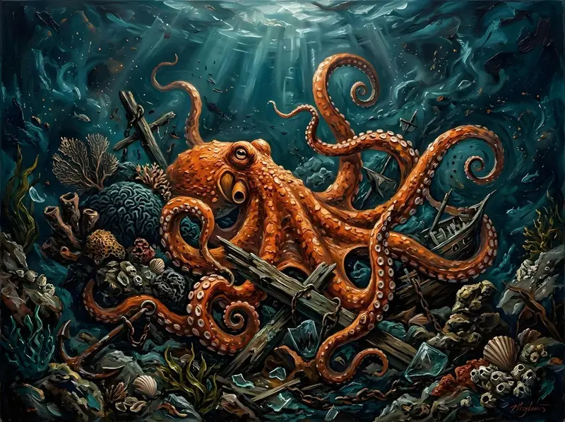 Preview of Chaotic Oil Painting of an Octopus