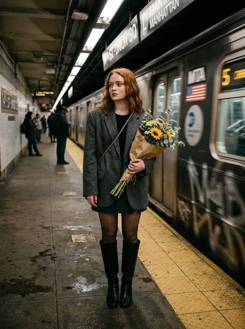 Preview of Cinematic photo of a woman on a subway platform with motion blur