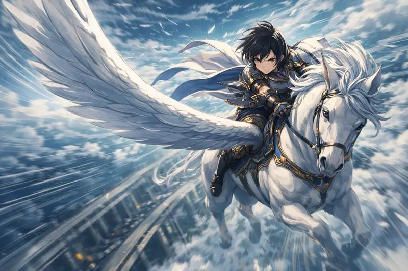 Preview of Character Riding Pegasus Fantasy Illustration Prompt