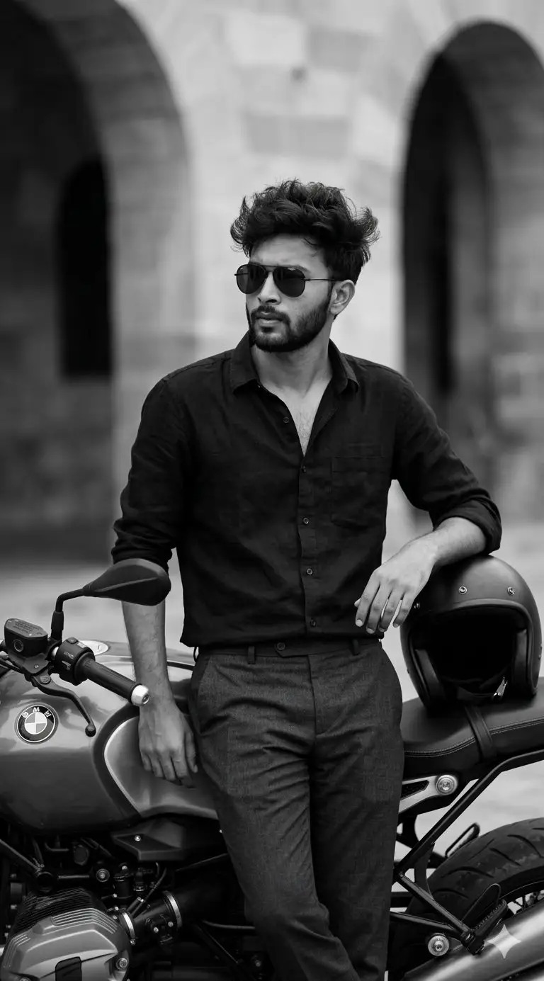 پیش‌نمایش Black and White Cinematic Portrait with Motorcycle