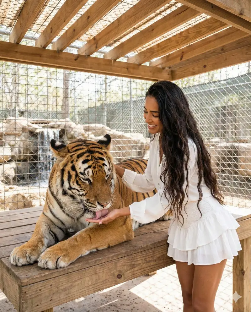 Preview of Woman Interacting with Bengal Tiger in Sanctuary