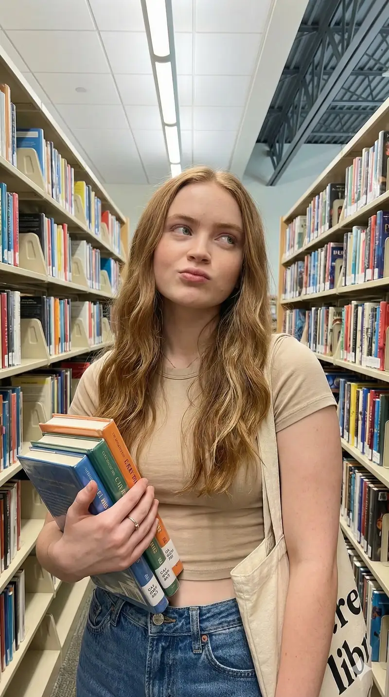 Preview of Playful Lifestyle Photo of Woman in Library Prompt
