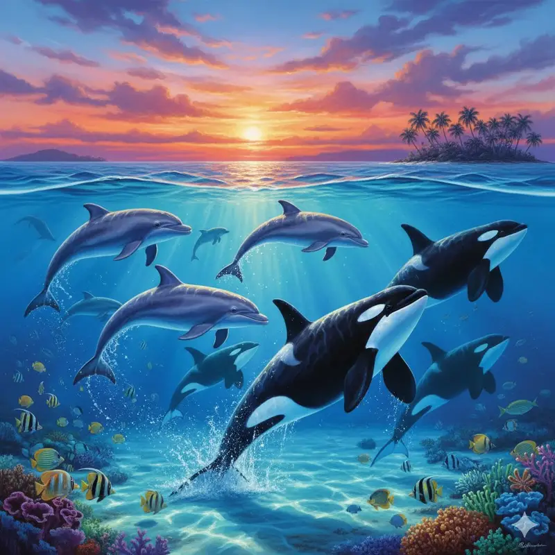 Preview of Lassen-style Painting with Dolphins and Orcas