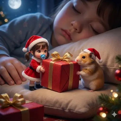 پیش‌نمایش پرامپت بابانوئل کوچولو در حال گذاشتن هدیه