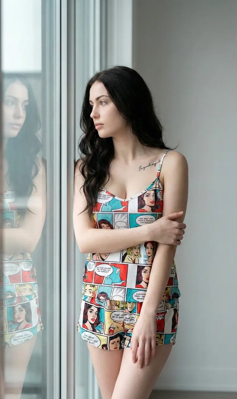 Preview of Cinematic Portrait of Woman in Pop-Art Sleepwear