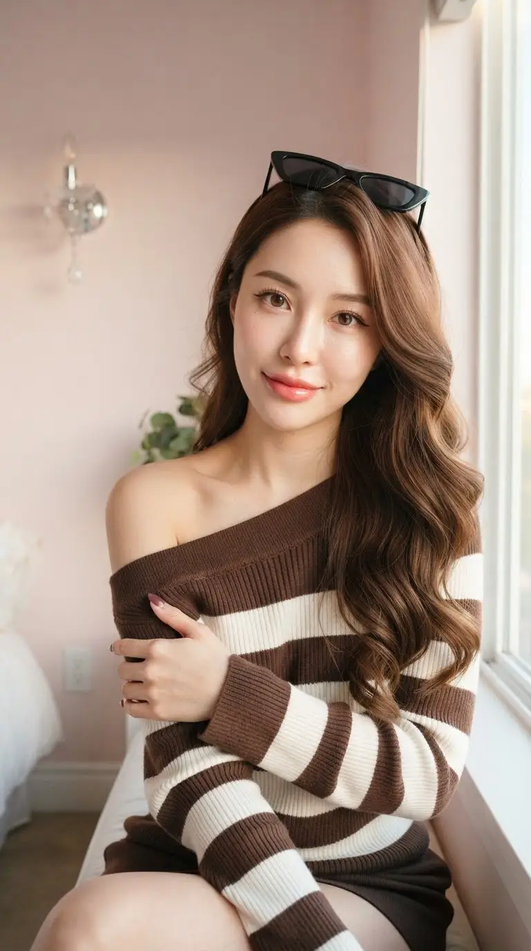 Preview of Asian Woman in Striped Sweater