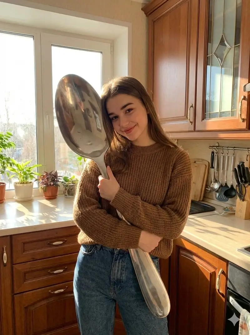 پیش‌نمایش Photorealistic Woman Hugging Giant Spoon in Kitchen Prompt