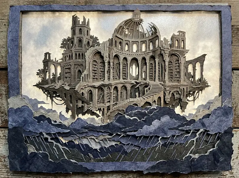 Preview of Intricate Paper Cut Silhouette of a Library