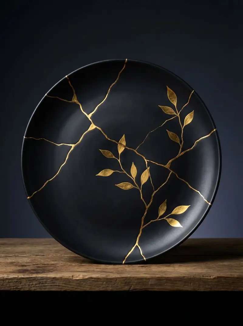 Preview of Kintsugi Black Ceramic Plate with Gold Decoration
