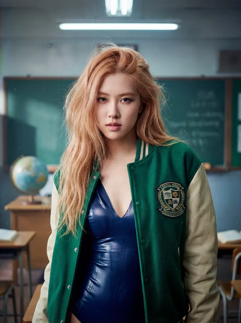 Preview of Cinematic Portrait of Rosé (BLACKPINK) in Retro High School Setting