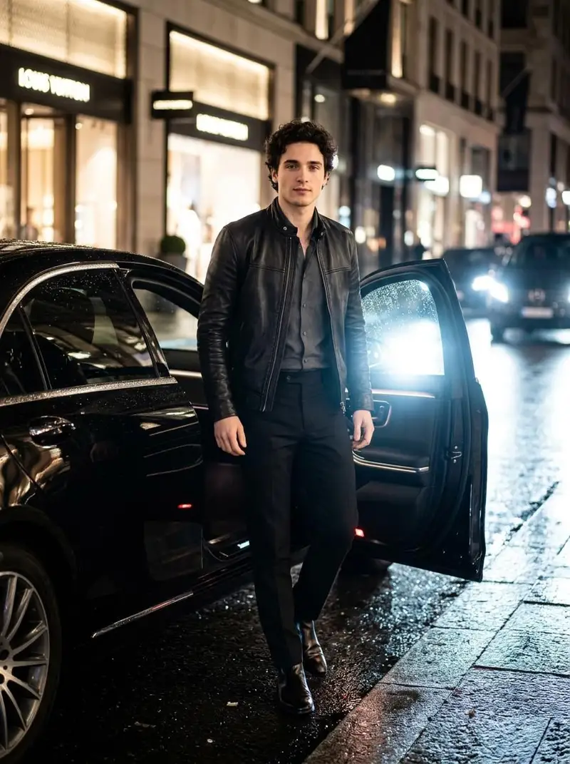 Preview of Cinematic Photo Stepping Out of a Luxury Car at Night