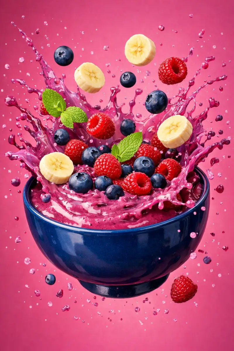 Preview of Hyper-Realistic Berry Smoothie Explosion Food Photography Prompt