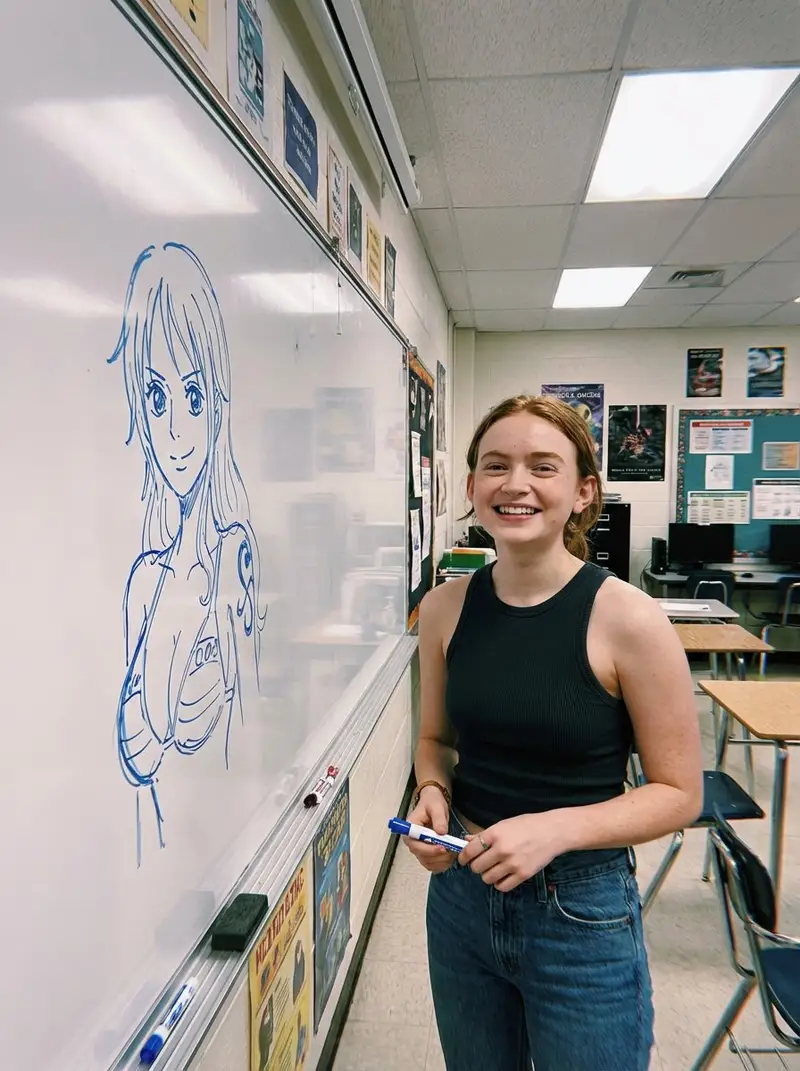 Preview of Candid Classroom Photo with Anime Sketch on Whiteboard