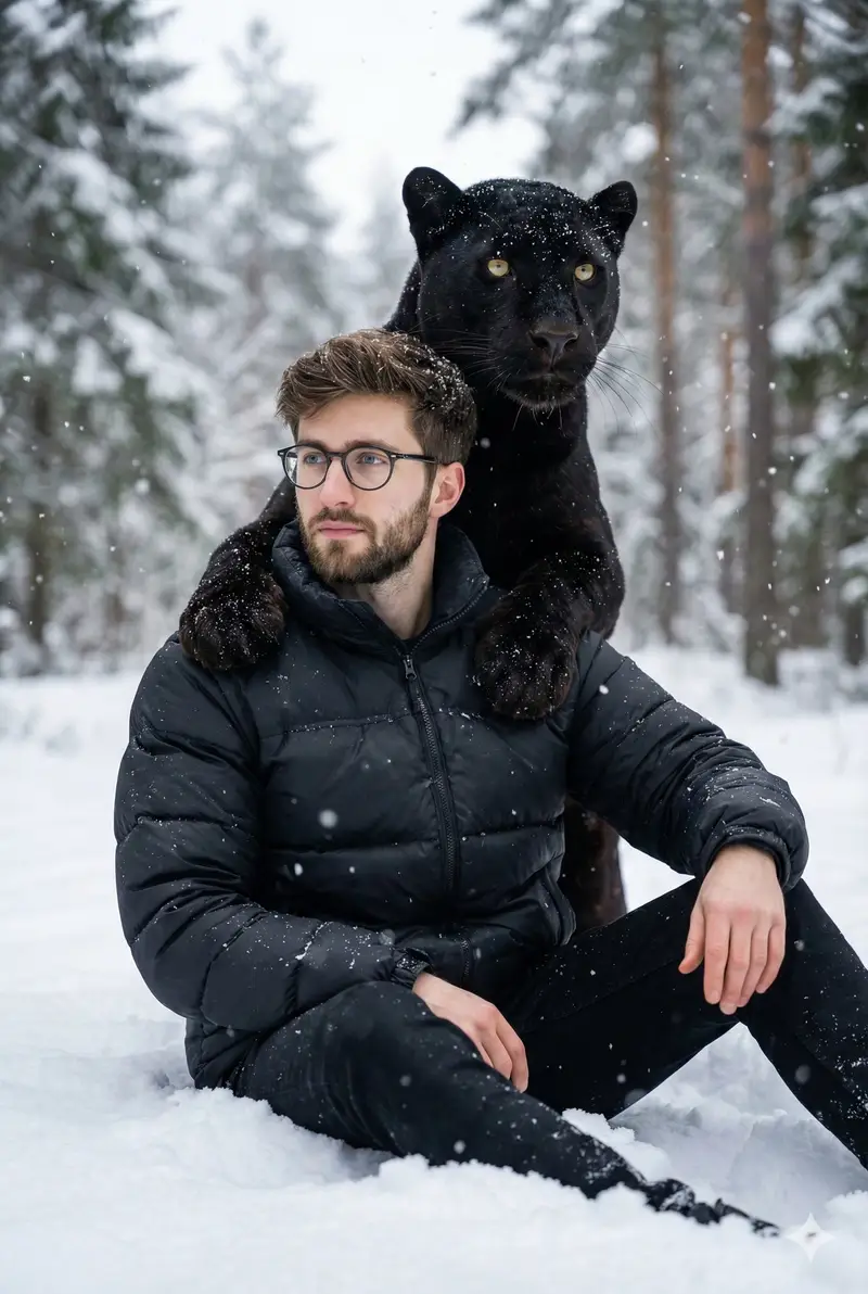 Preview of Hyper-realistic 8K image of a man and a black panther in a snowy forest