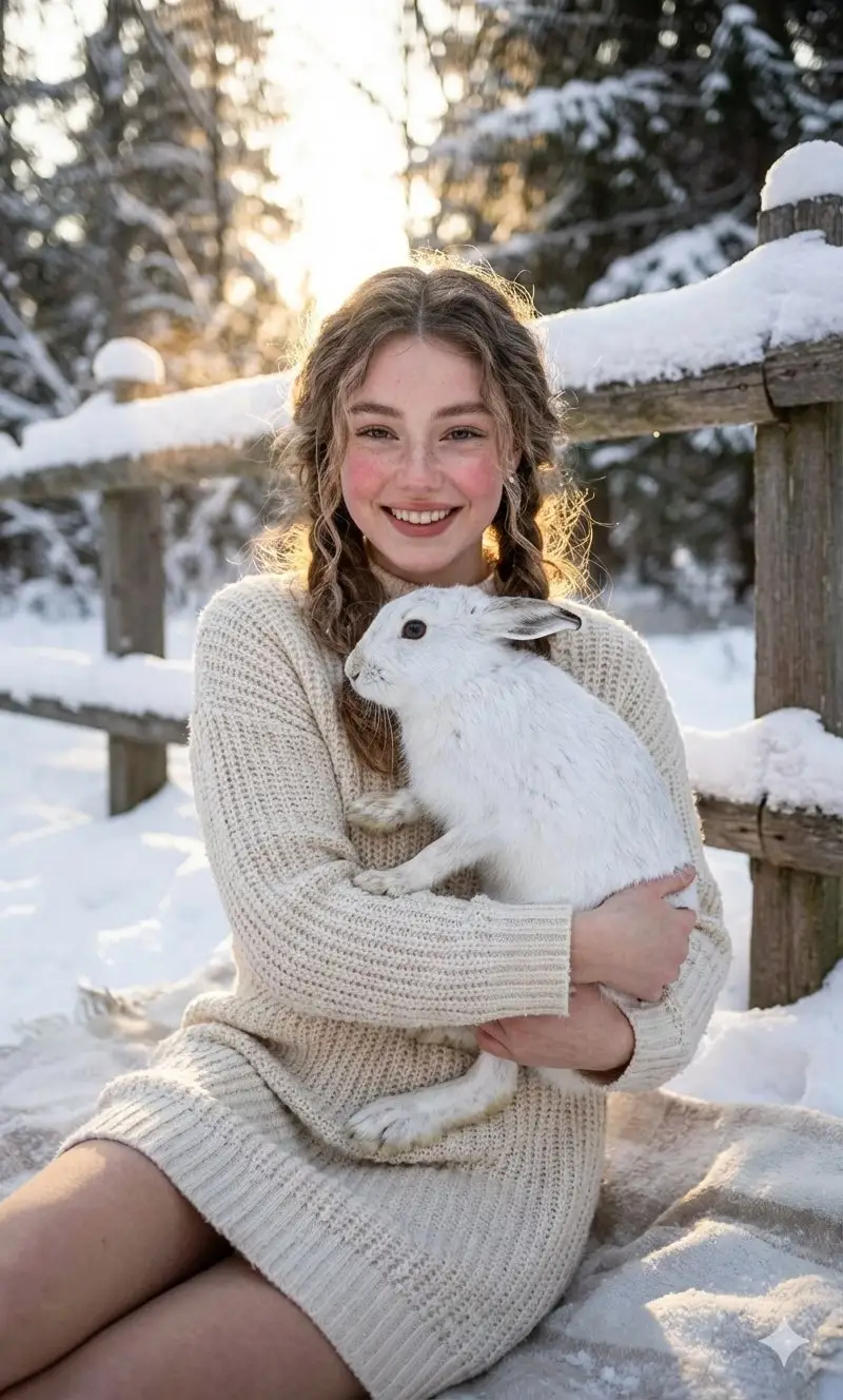 پیش‌نمایش Cozy Winter Portrait with White Hare