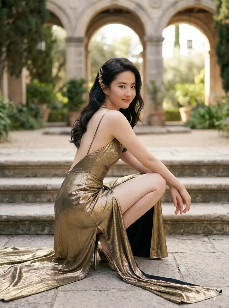 Preview of Elegant Outdoor Portrait in Gold Evening Gown