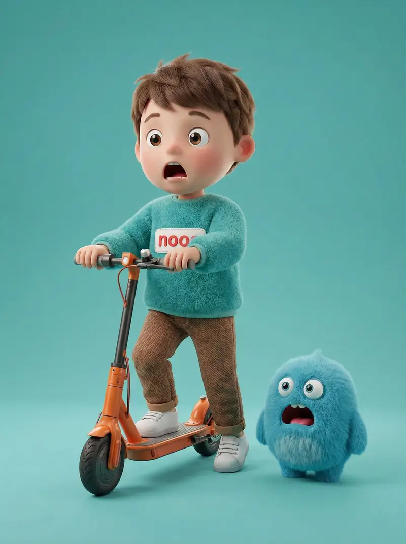 Preview of 3D Render of Boy and Furry Monster on Scooter