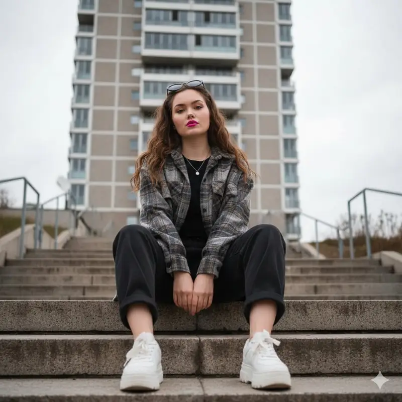 Preview of Low-Angle Full-Body Portrait on Concrete Steps