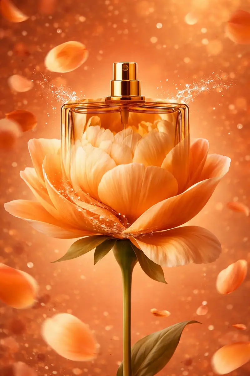 پیش‌نمایش AI-Stylized Perfume Product Visual with Internal Petals
