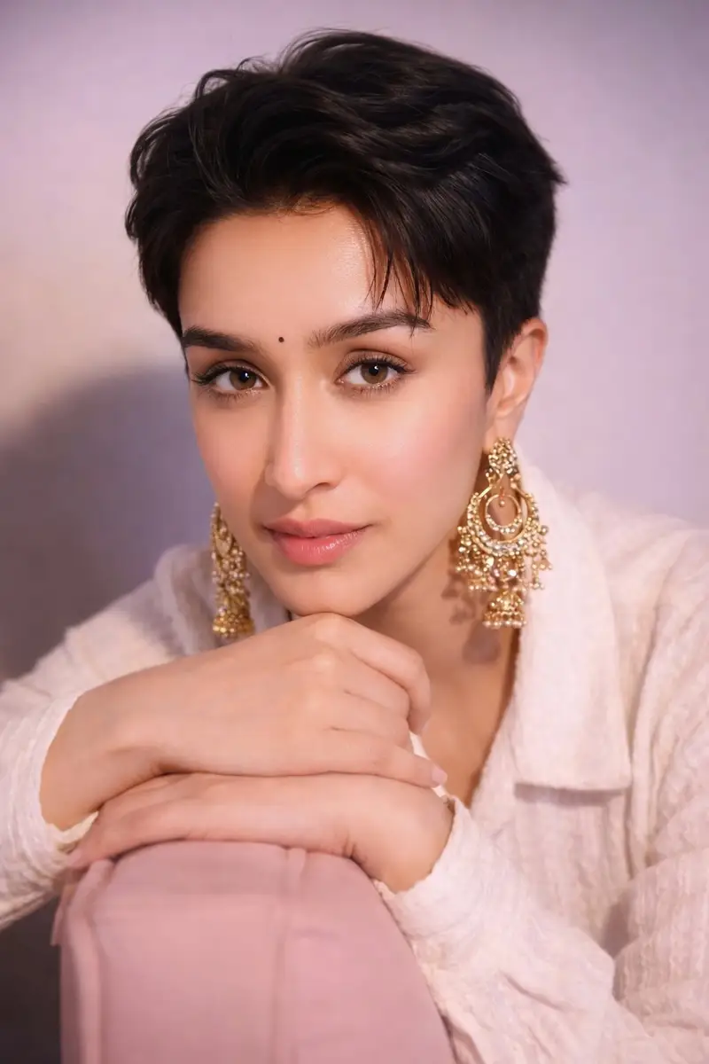 Preview of Portrait of Shraddha Kapoor with Pixie Cut and Jhumka Earrings