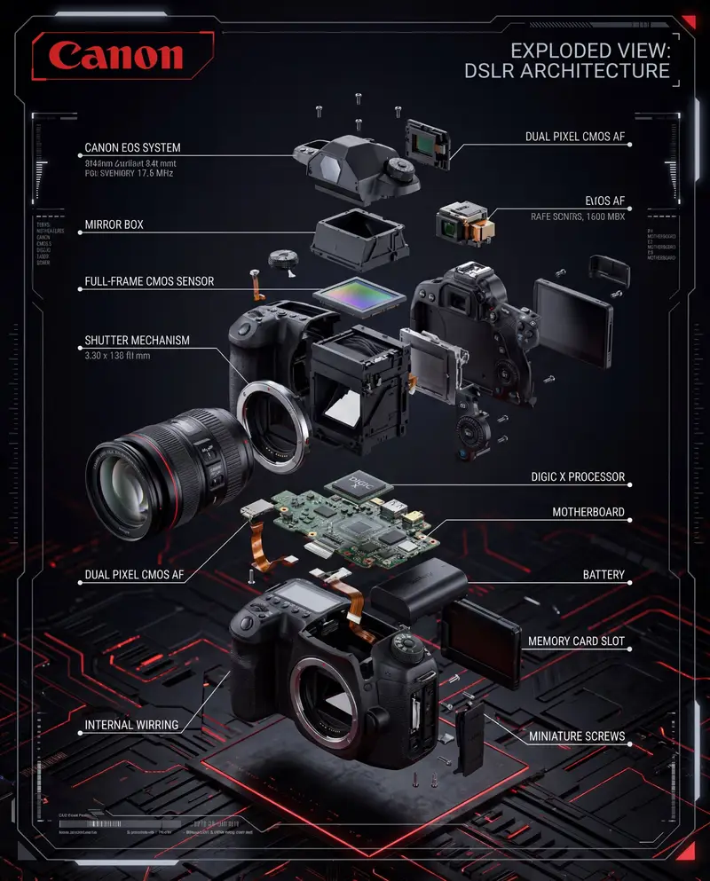 پیش‌نمایش اینفوگرافیک نمای انفجاری دوربین DSLR