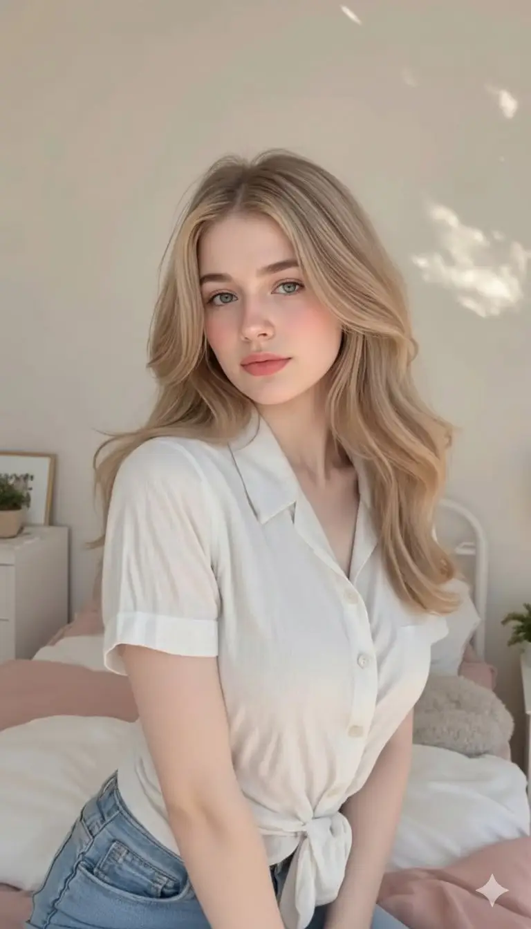 Preview of Photorealistic Blonde Woman in Cozy Bedroom Prompt