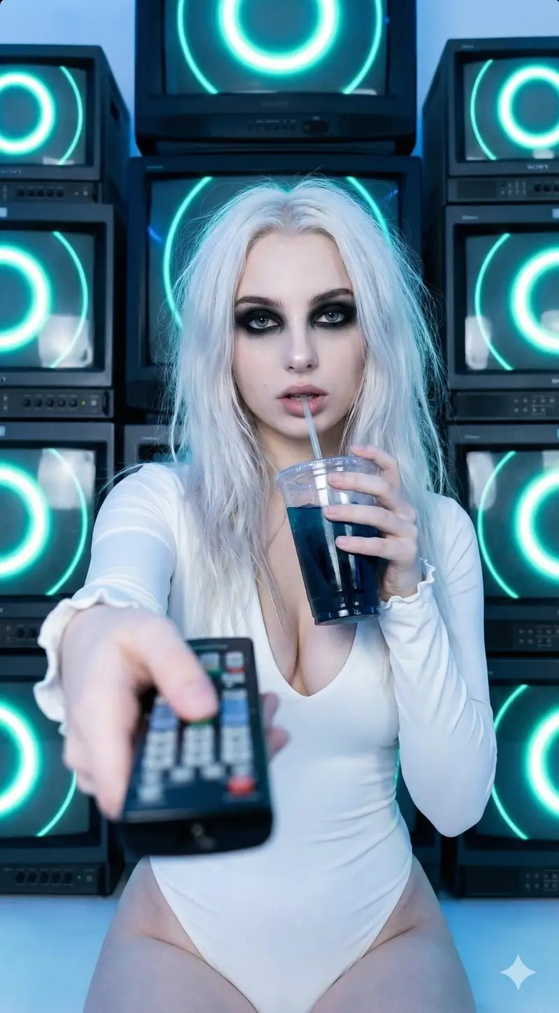 Preview of Y2K Cyber-Goth Portrait with CRT Monitors Prompt