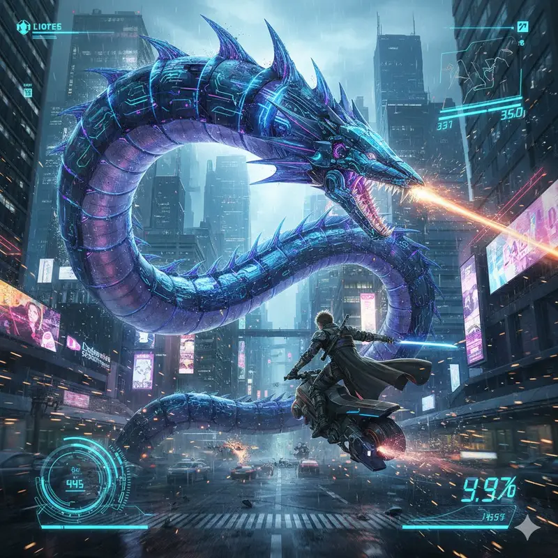 Preview of Nano Banana Pro Prompt: Final Fantasy Leviathan vs Player (Cyberpunk)
